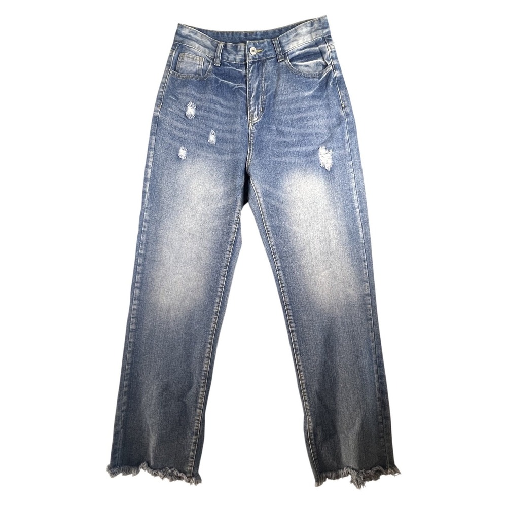 ELEN GATINE Women's Size S Distressed Wide Leg Jeans Frayed‎ Hem Medium Wash